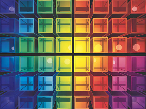 Fond vectoriel abstrait de grille de cubes translucides arc-en-ciel avec perspective 3D lumineuse