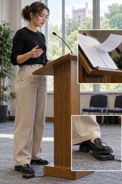 Speaker using a foot operated page turner at a lectern