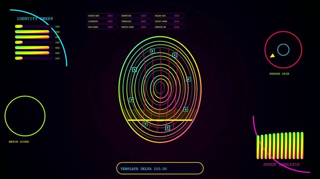 A digital vulnerability scan interface shows glowing concentric circles and data lines pulsing across the screen while system monitors analyze biometric identifiers in a dark environment