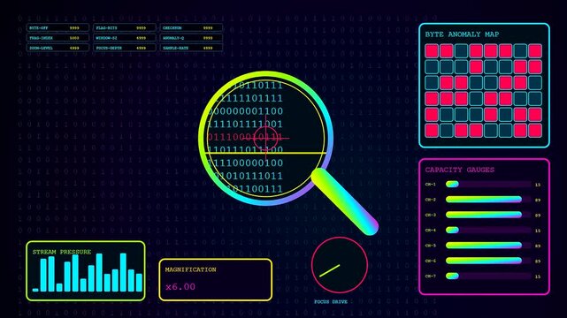 A digital vulnerability scan interface shows glowing binary data streams moving inside circular magnifiers with neon grid maps and oscillating bar charts for system diagnostic monitoring