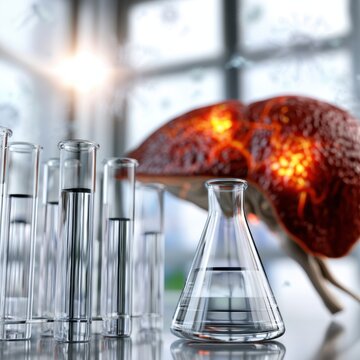 Scientific glassware with clear liquid in focus and a detailed glowing human liver model in the background indicating biomedical research on liver function and