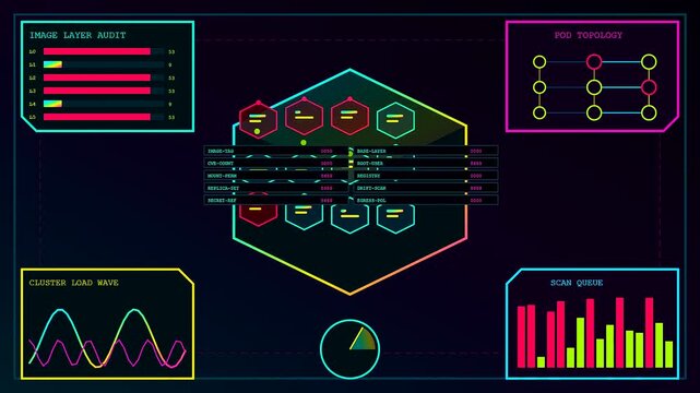 a vulnerability scan monitoring interface displays real time cyber data analytics within a vibrant glowing digital dashboard featuring hexagon grid patterns and neon graphical waveform charts