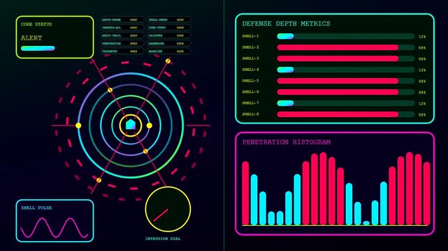A vulnerability scan visualization displays glowing neon indicators on a dark interface showing real time data flows and digital radar monitoring systems within a complex virtual environment