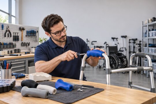 Technician fitting a padded grip to a walking frame