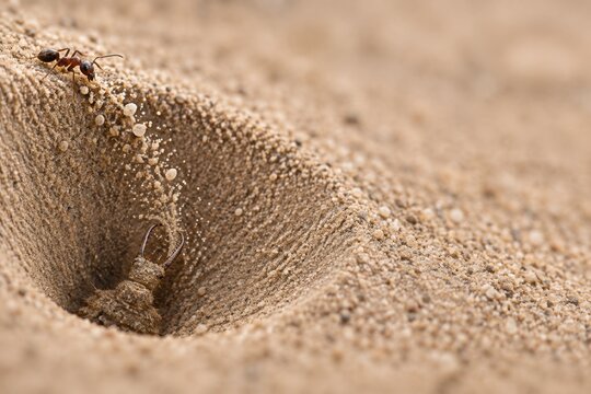 Ant approaching an antlion pit in fine sand