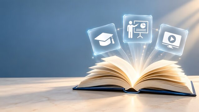 Open book emitting glowing holographic icons representing online education digital learning and virtual training concepts