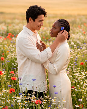 Tender multicultural couple embracing in blooming wildflower meadow at golden sunset, romantic summer moment outdoors [copy space]