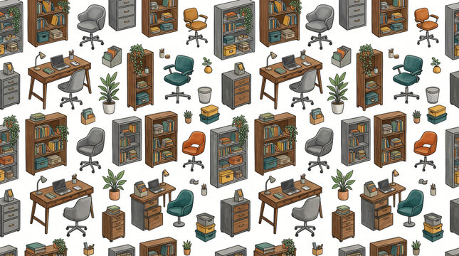Seamless pattern of hand drawn colorful home office furniture with ergonomic desk chairs writing desks open bookshelves and storage drawer units painted in matte grey walnut on white background
