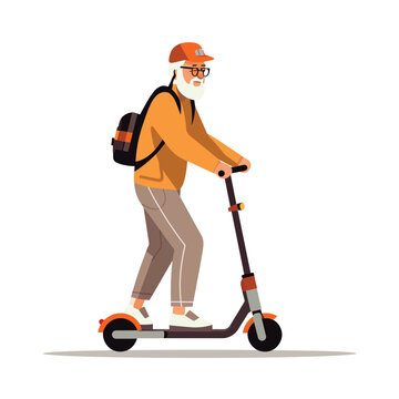 Old man standing riding e-scooter isolated
