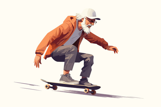 Old man skateboarding isolated