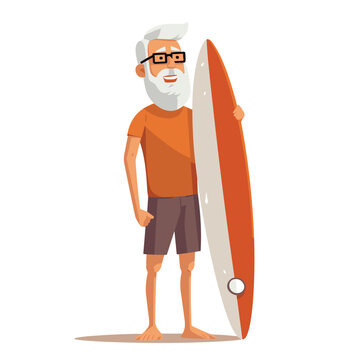 Old man standing with surfboard isolated