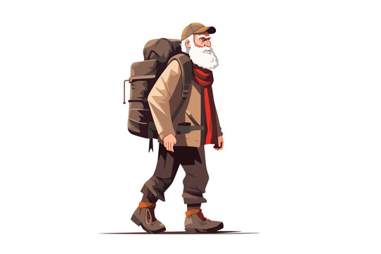 Old man with backpack isolated