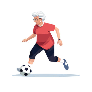 Old woman playing soccer isolated