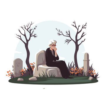 Old woman near tomstone grave isolated