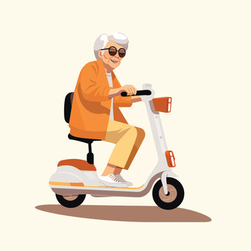 Old woman riding e-scooter isolated