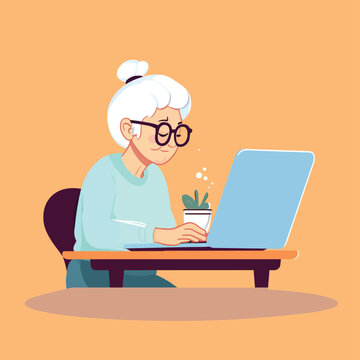 Old woman using laptop isolated