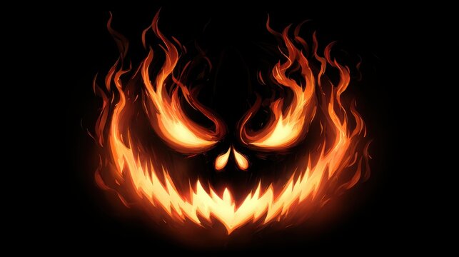 A glowing pumpkin face made of bright orange flames isolated against a dark black background