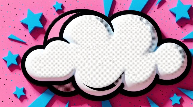 Abstract pop art illustration with white comic cloud bubble on bright pink background. Vibrant blue stars, geometric shapes create dynamic explosion effect. Colorful retro style graphic with halftone