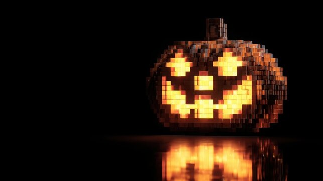 A glowing voxel pumpkin with a pixelated face isolated against a solid black background surface