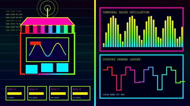 A neon stream commerce graphic interface displaying shifting frequency wave patterns and oscillating bar charts within a dark digital environment designed for monitoring complex network flow activity