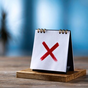 Desk calendar with a bold red x mark indicating cancellation or error, placed on wooden surface with blurred blue background
