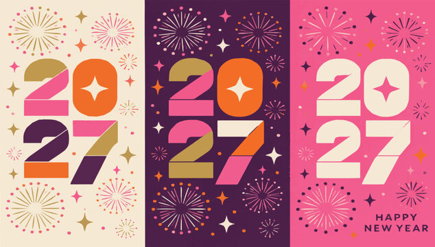 New Year 2027 graphic design with festive fireworks illustration. Flat vector illustration shows 2027 New Year design with fireworks. Great for holiday banners and greeting cards.