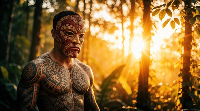 Tattooed man wears ethnic patterned mask in tropical forest. Strong muscular warrior poses during golden hour. Male model with tribal body art looks mysterious amidst jungle trees, warm sunlight.