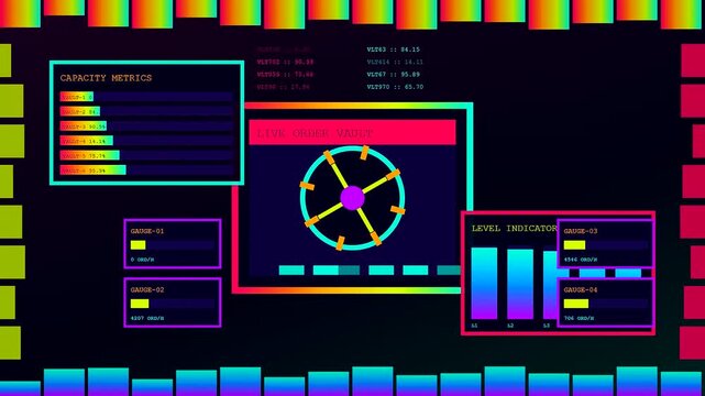 A vibrant stream commerce interface design features glowing neon metrics circular indicators and digital data bars displayed within a structured futuristic dark virtual space environment