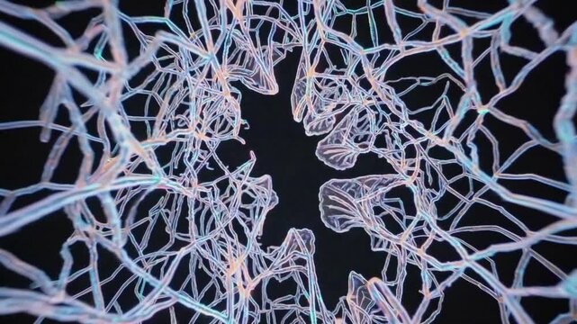 Twisting filamentous mesh forming dark tunnel, pale fibers weave into cavernous conduit, mesmerising spiral of collagenlike strands, cinematic microscopic journey through connective architecture.