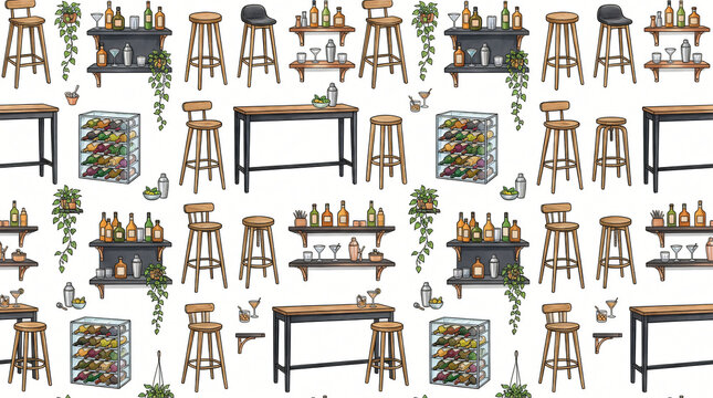 Seamless pattern of hand drawn colorful home bar furniture with tall bar stools counter tables wine racks and liquor shelves painted in charcoal copper on solid white background for print