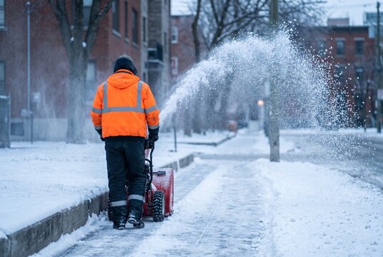 Municipal Worker in an Orange Hi-Vis Jacket Using a Snowblower on a Snowy City Sidewalk