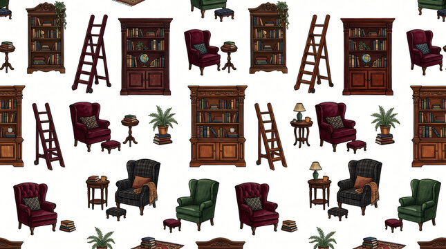 Seamless pattern of hand drawn colored home library furniture with classic bookcases reading chairs side tables and library ladders painted in deep burgundy mahogany on white background