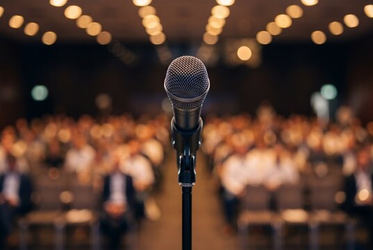 Mikrofon auf der B&uuml;hne vor unscharfem Publikum im Konferenzsaal, Symbol f&uuml;r offene Kommunikation