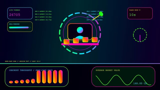 A vibrant stream commerce interface showing shifting viewer statistics and live retail data analytics across multiple glowing neon monitor panels in a dark digital workspace environment