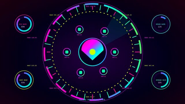 a stream commerce interface displays glowing circular progress bars and numerical data metrics changing rapidly against a dark environment to visualize complex digital signal analytics processing