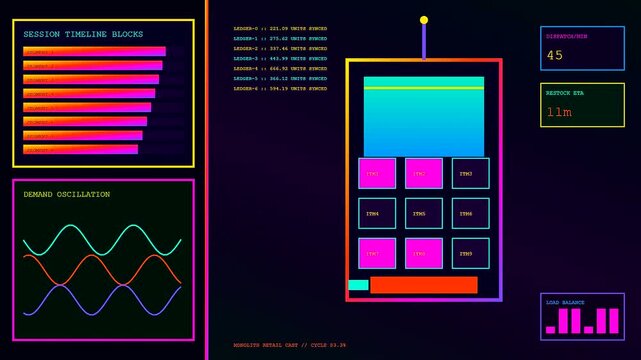 Stream commerce interfaces showing fluctuating supply data metrics with multiple moving graphs and digital inventory containers set within a dark theme monitoring display screen grid design