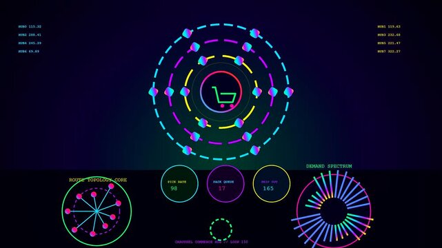 Dynamic stream commerce dashboard interface showing glowing shopping cart icons within rotating circular navigation menus and data visualization charts set against a deep dark violet backdrop