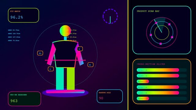A digital stream commerce interface displays biometric body sizing data for retail fashion optimization with neon glowing geometric outlines on a dark purple gradient studio surface