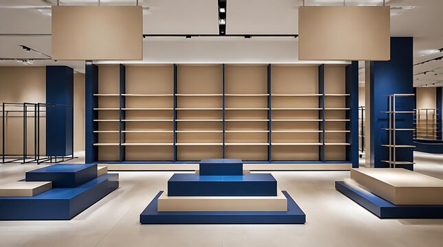 Modern empty retail store interior with minimalist wooden shelves and blue display pedestals. Contemporary showroom design with elegant lighting for fashion boutique or luxury shop background.