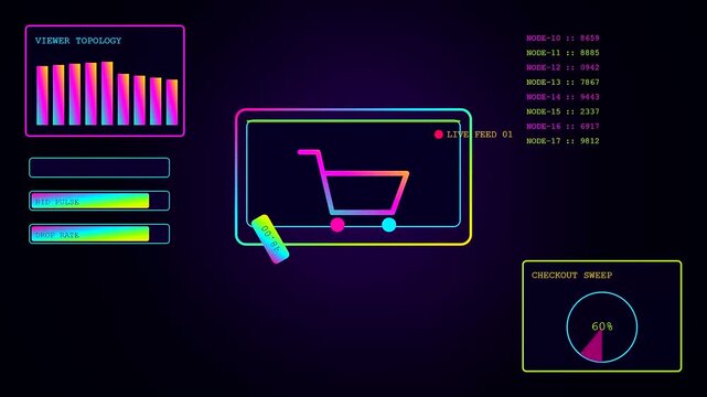 Digital stream commerce interface displays animated shopping carts with glowing neon charts and metrics on a dark screen featuring live feed performance tracking for retail sales monitoring