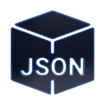 Blue json data format icon inside a 3D isometric cube box on a dark background, for programming code coding isolated on a transparent background