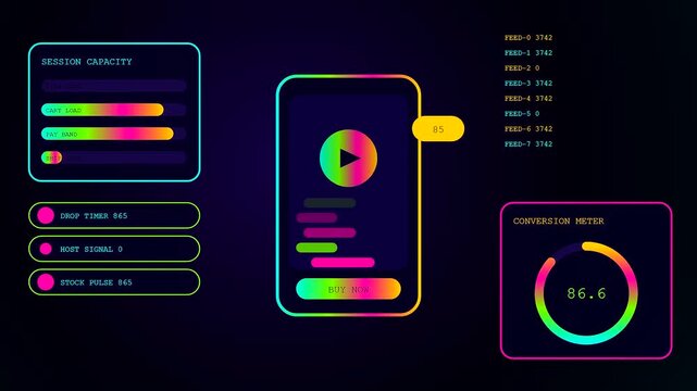 A fluid stream commerce dashboard displaying interactive interface elements with glowing neon gradients changing state during a digital transaction sequence for mobile applications within dark space