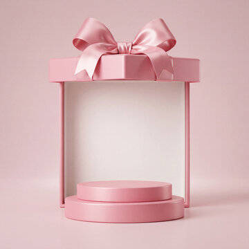 A minimalist pink cylindrical podium display set inside an open gift box with a luxurious silk ribbon bow, perfect for product photography and marketing.