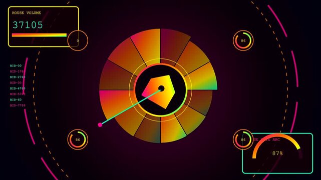 Stream commerce displays a glowing radial interface with vibrant purple and orange digital charts showing varying statistical data points in a seamless software user dashboard loop