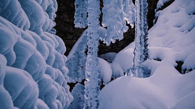 Magnificent icy stalactites and snow nestled in twilight shadows. Peaceful frostcovered cavern illuminated by gentle ambient light highlighting intricate crystalline formations and snow layers