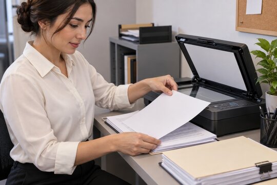 Office worker scanning paper documents on a flatbed