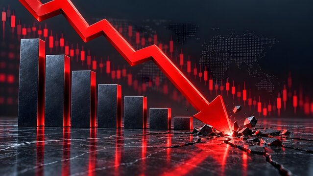 Red downward arrow crashing through floor with declining bar charts symbolizing global economic recession and financial market crisis