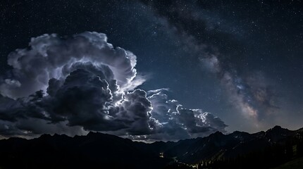 Fototapeta premium Bright lightning storm in the dark night sky over mountain silhouette