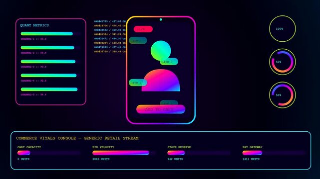 Stream commerce interfaces display evolving digital metrics in a vibrant neon aesthetic that showcases fluid data fluctuations across multiple mobile device screens set in darkness