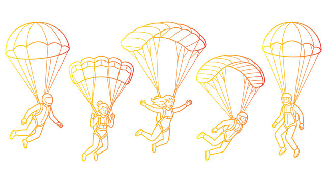 Group skydivers landing with colorful parachutes for extreme sports adventure concept art.